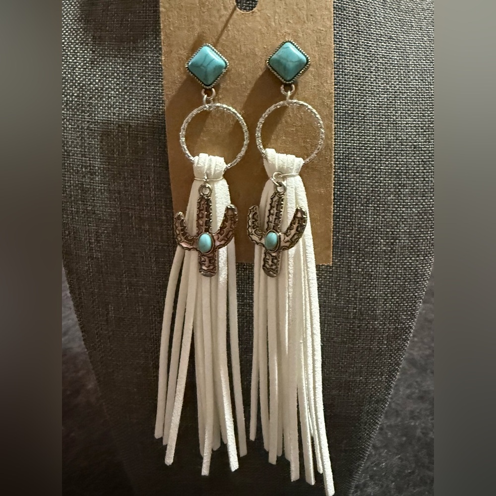 Turquoise Accent White Fringe Earrings - Women Jewelry